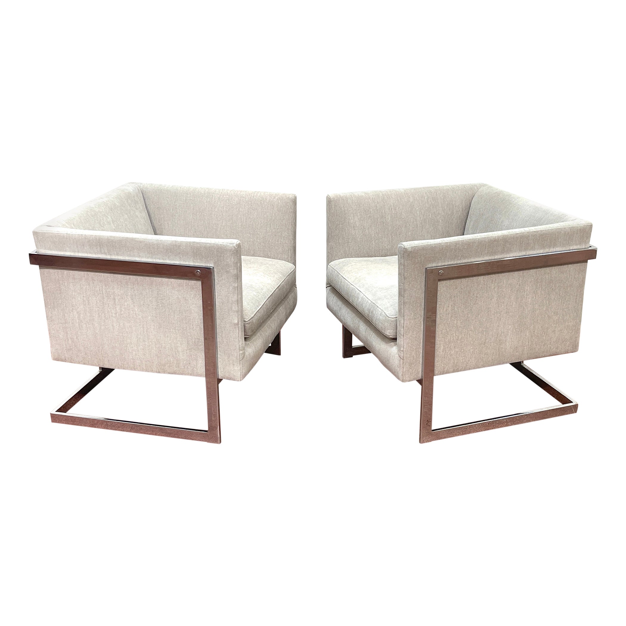 Pair of Milo Baughman Floating Cube Club Chairs, with Kravet Upholstery  For Sale