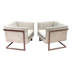 Pair of Milo Baughman Floating Cube Club Chairs, with Kravet Upholstery 