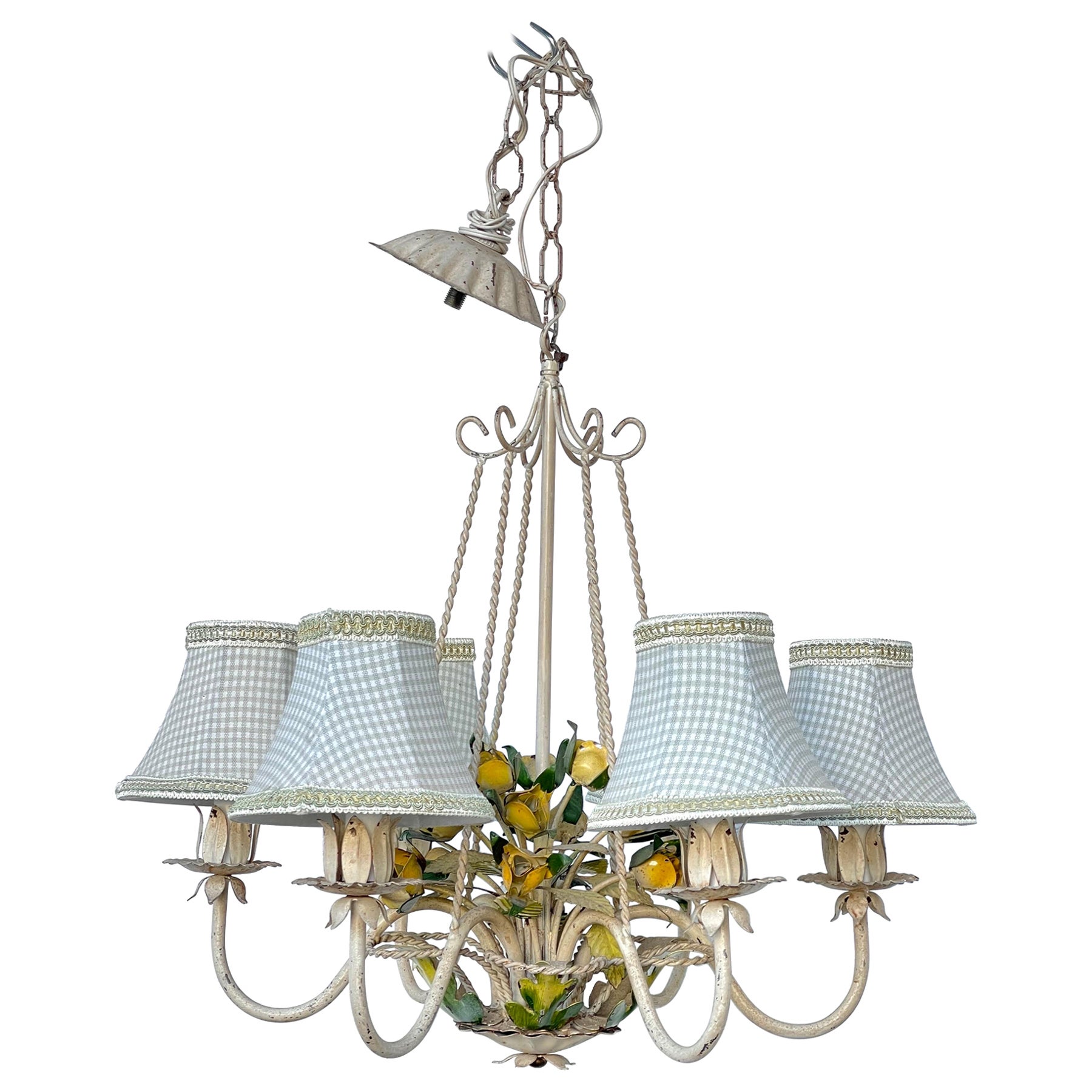 Italian Tole Floral Bouquet in Basket Chandelier For Sale