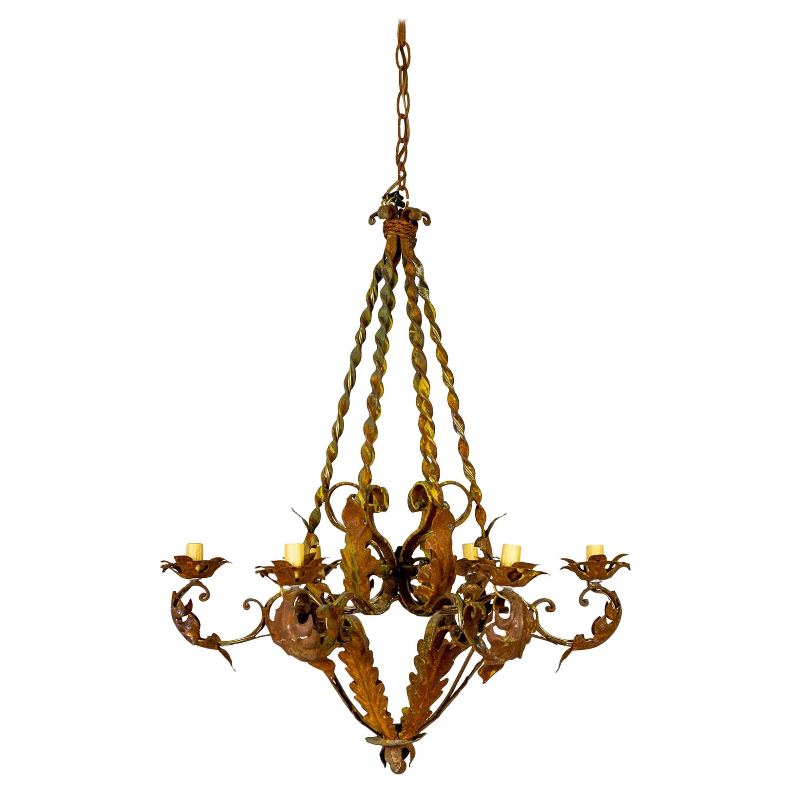 Antique Rust Patina 6-Arm Leaves Chandelier For Sale