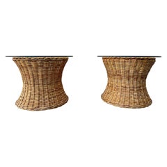 Vintage Pair of Natural Wicker/Rattan Coastal Style Round Side Tables. Circa 1970s
