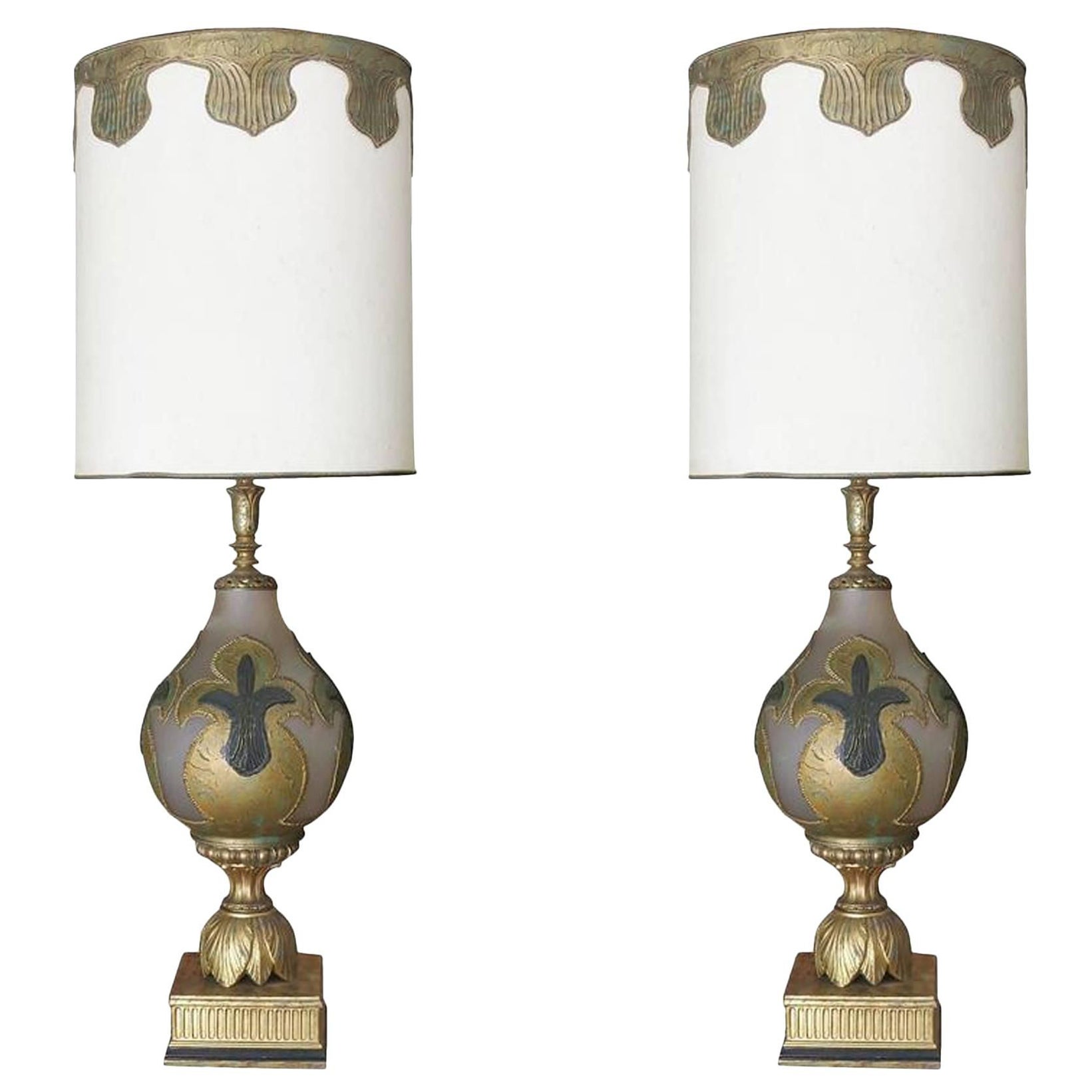 Hand Painted Impasto Frosted Glass Midcentury Table Lamp Pair with Shade For Sale