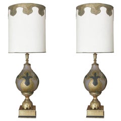 Retro Hand Painted Impasto Frosted Glass Midcentury Table Lamp Pair with Shade