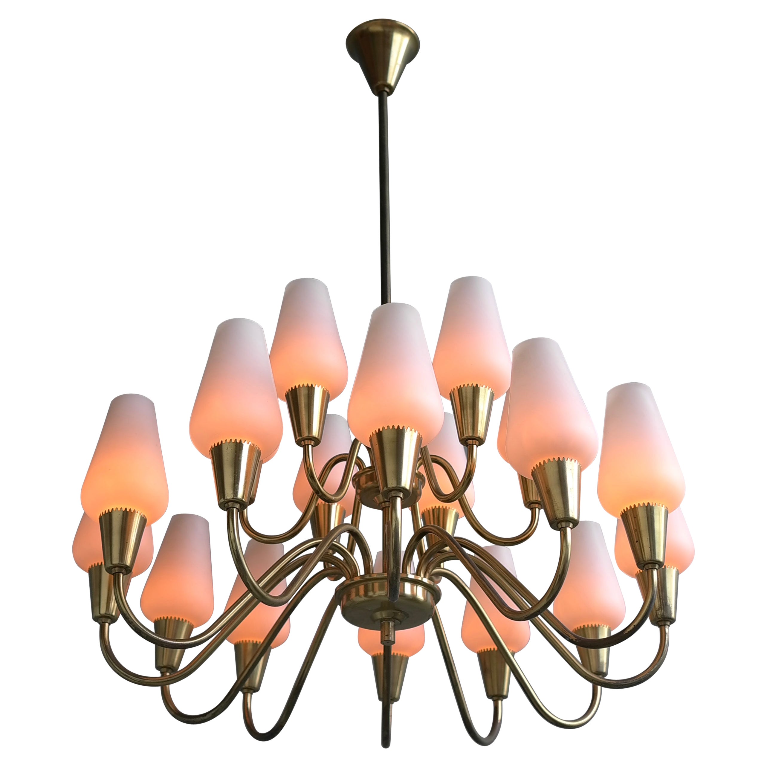 Opaline Glass and Brass Chandelier by Bent Karlby for Lyfa, Denmark 1960s For Sale
