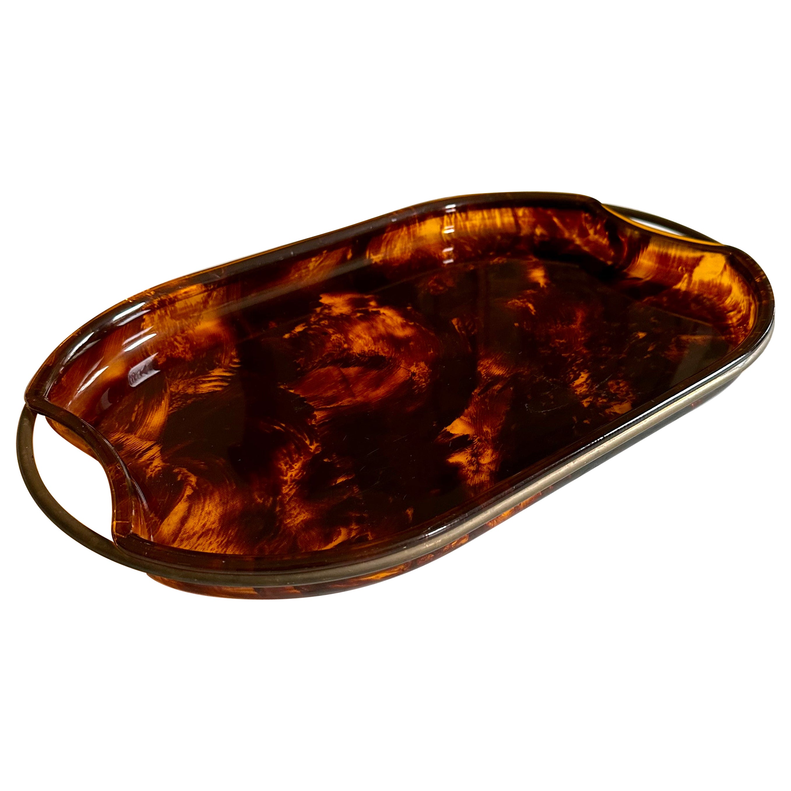  Guzzini’s Oval Lucite Serving Tray from 1970s Italy – Faux Tortoiseshell -brass For Sale