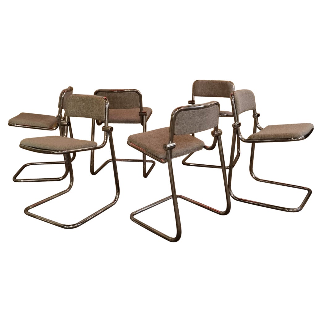 1960s Italian Cantilever Metal Framed & Fabric Cushioned Chairs 