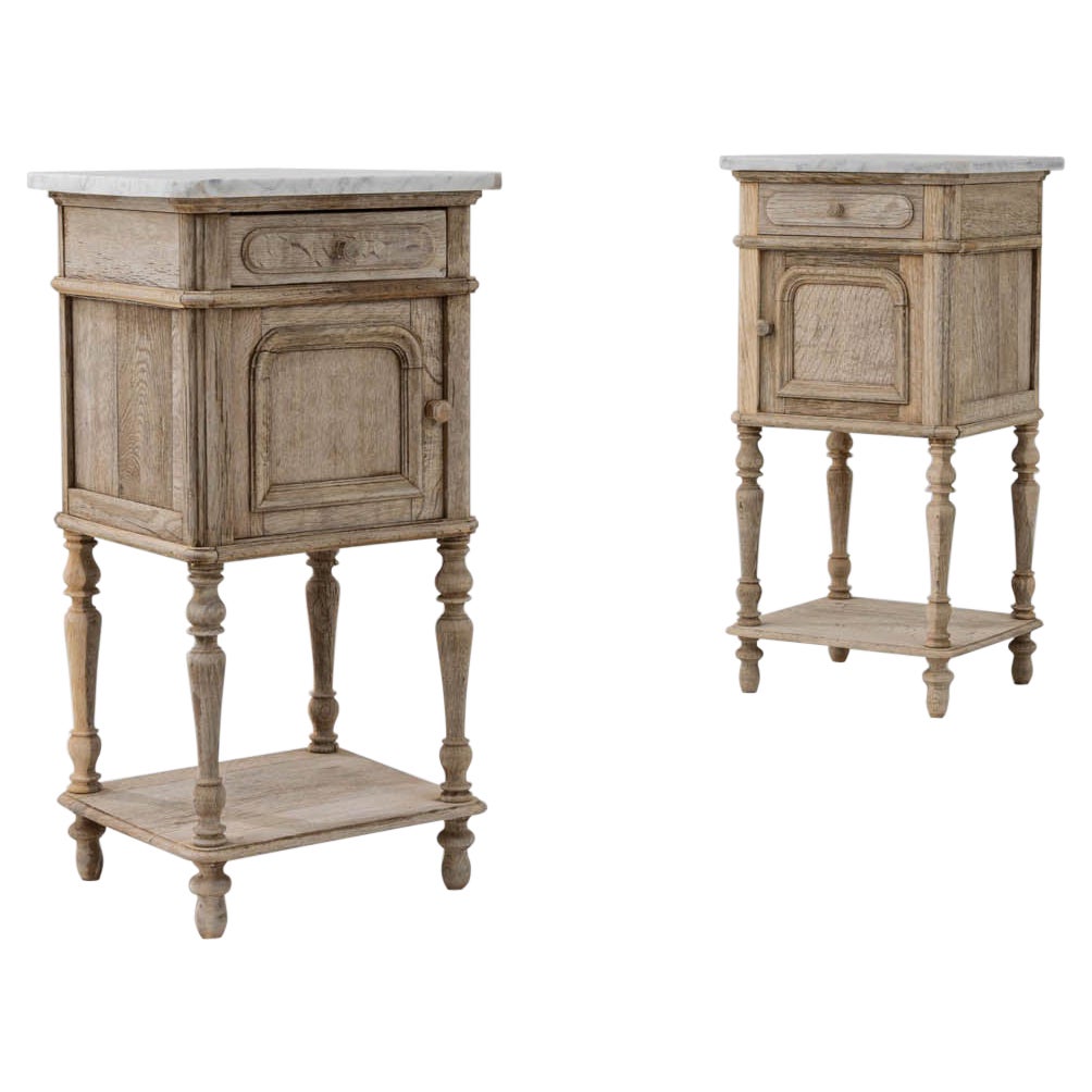 1900s French Oak and Marble Bedside Tables, a Pair