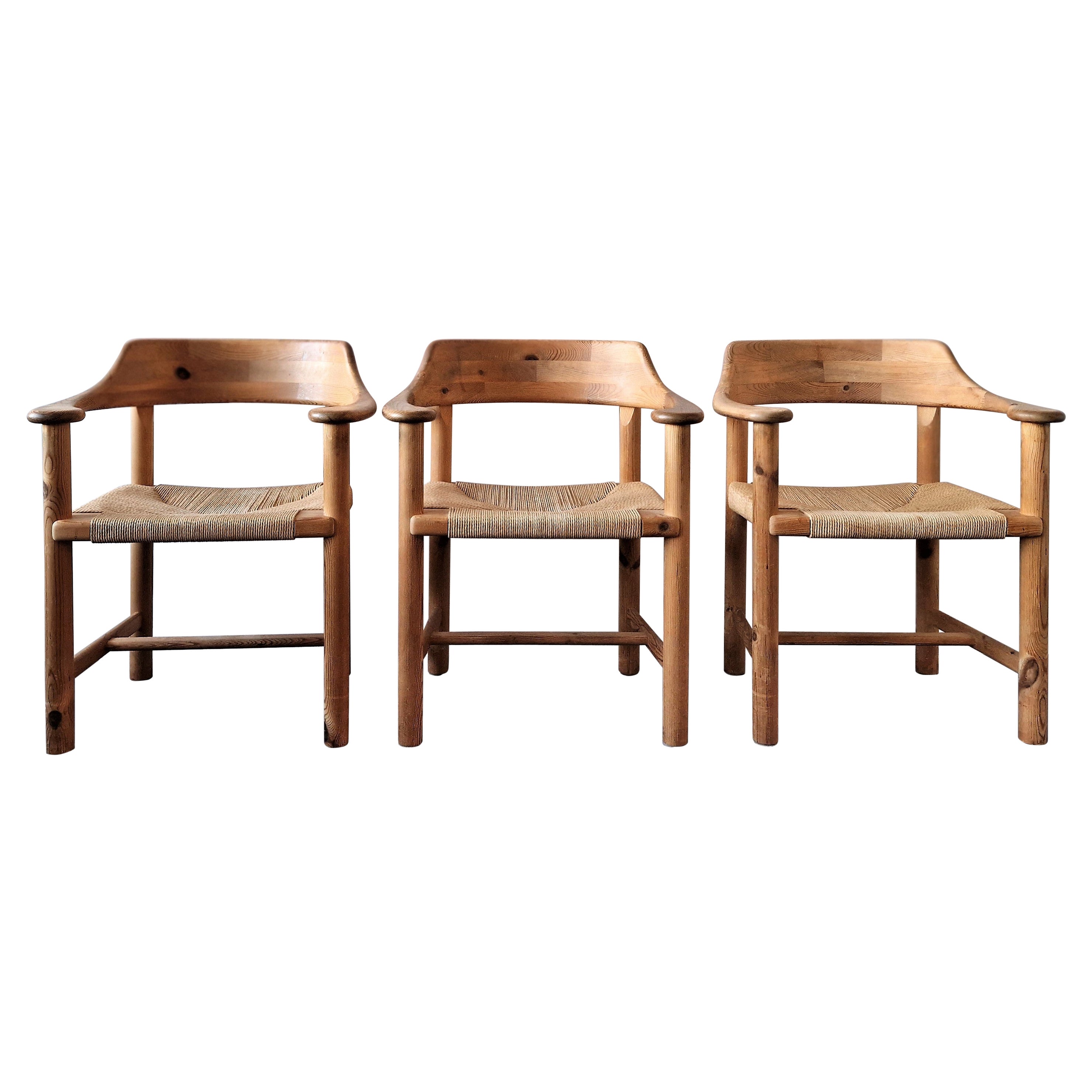 Set of 3 Pine Wood Armchairs with Papercord Seats for Gramrode Møbelfabrik For Sale