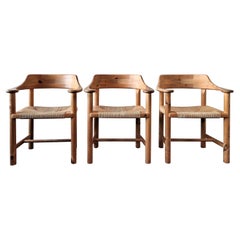 Vintage Set of 3 Pine Wood Armchairs with Papercord Seats for Gramrode Møbelfabrik