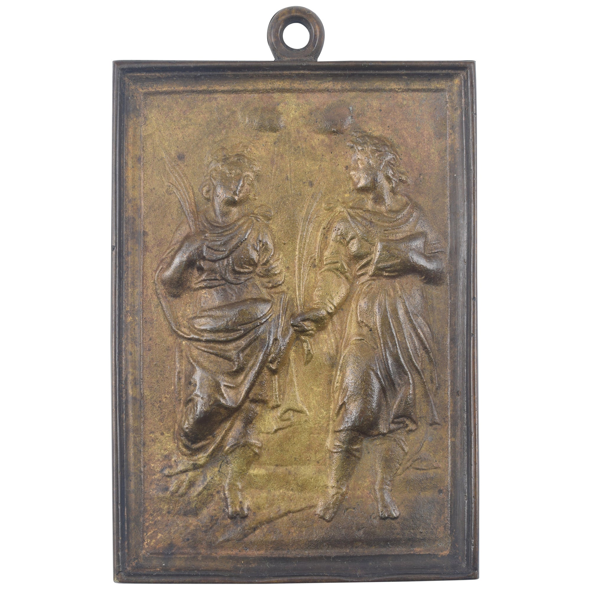 Devotional plaque, Saints Justus and Pastor. Bronze. Spanish school, 19th c. For Sale