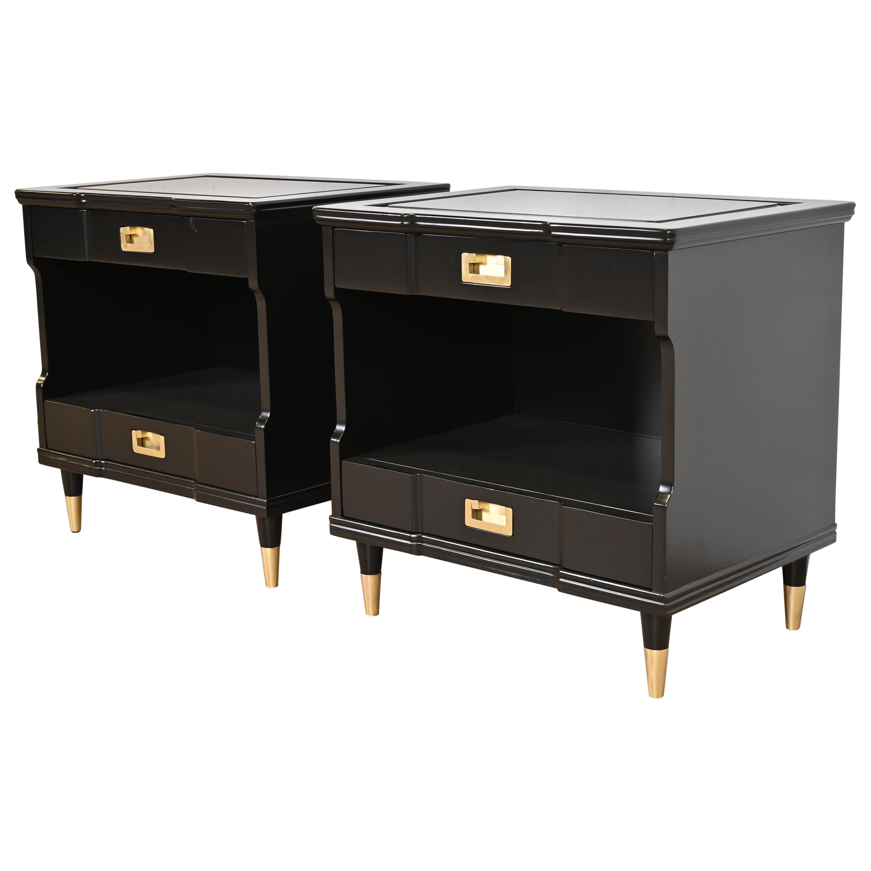 John Widdicomb Mid-Century Modern Black Lacquered Nightstands, Newly Refinished