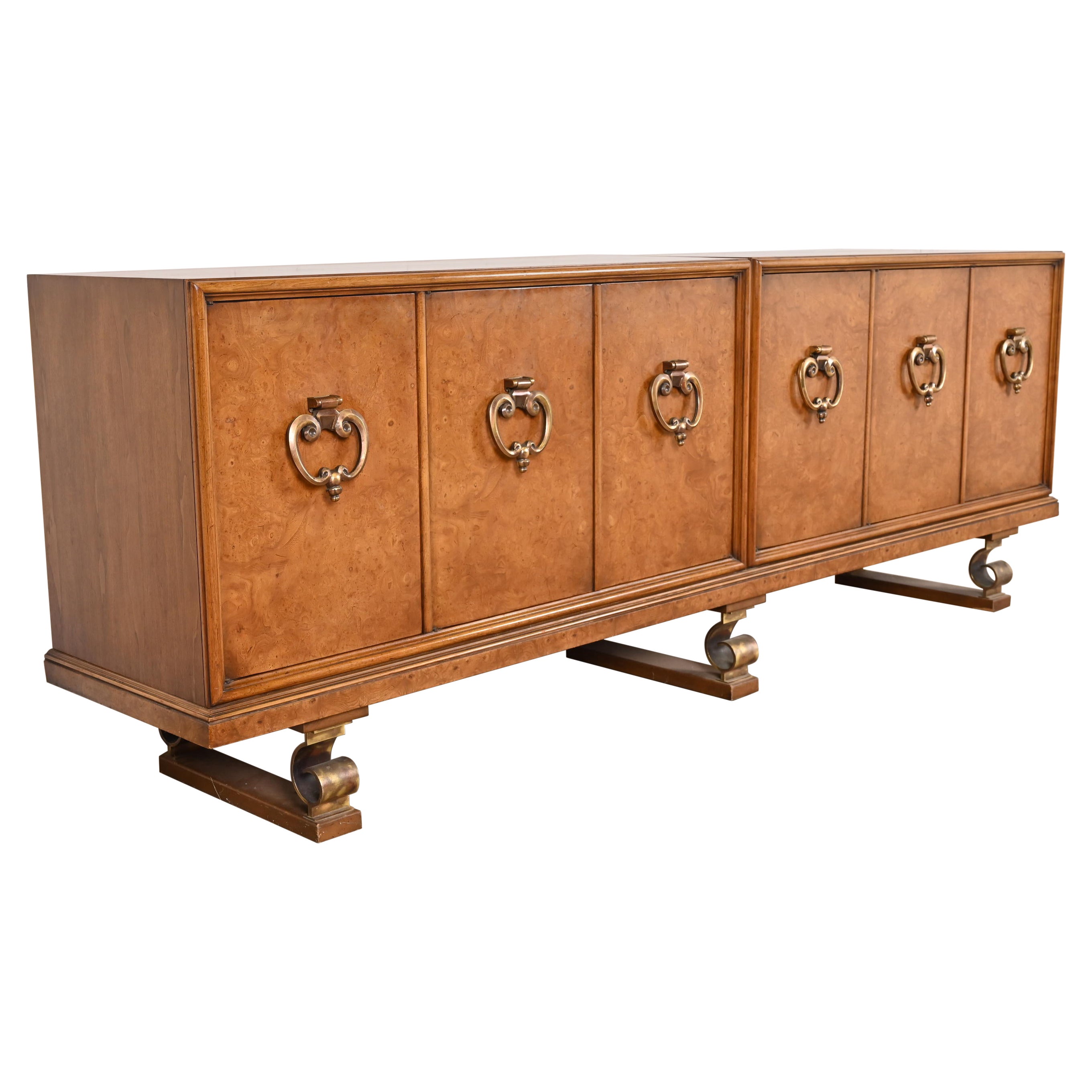 Mastercraft Mid-Century Hollywood Regency Burl Wood and Brass Sideboard, 1960s For Sale