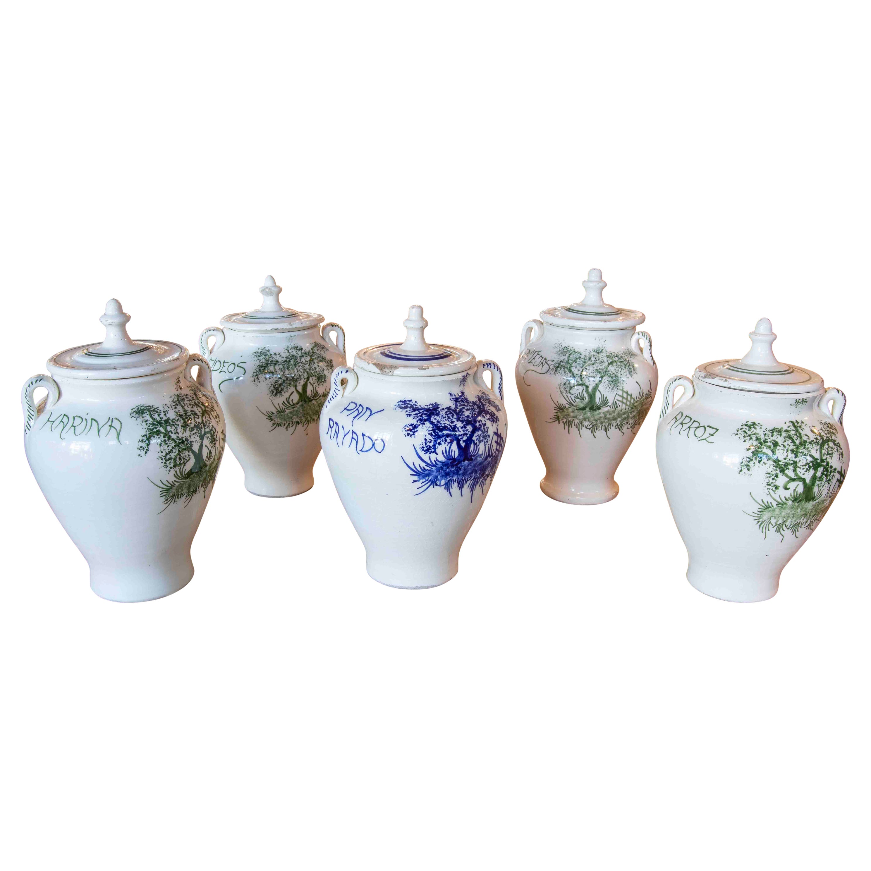 Set of Five Glazed Ceramic Food Jars with Lids for Cooking For Sale