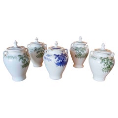 Retro Set of Five Glazed Ceramic Food Jars with Lids for Cooking
