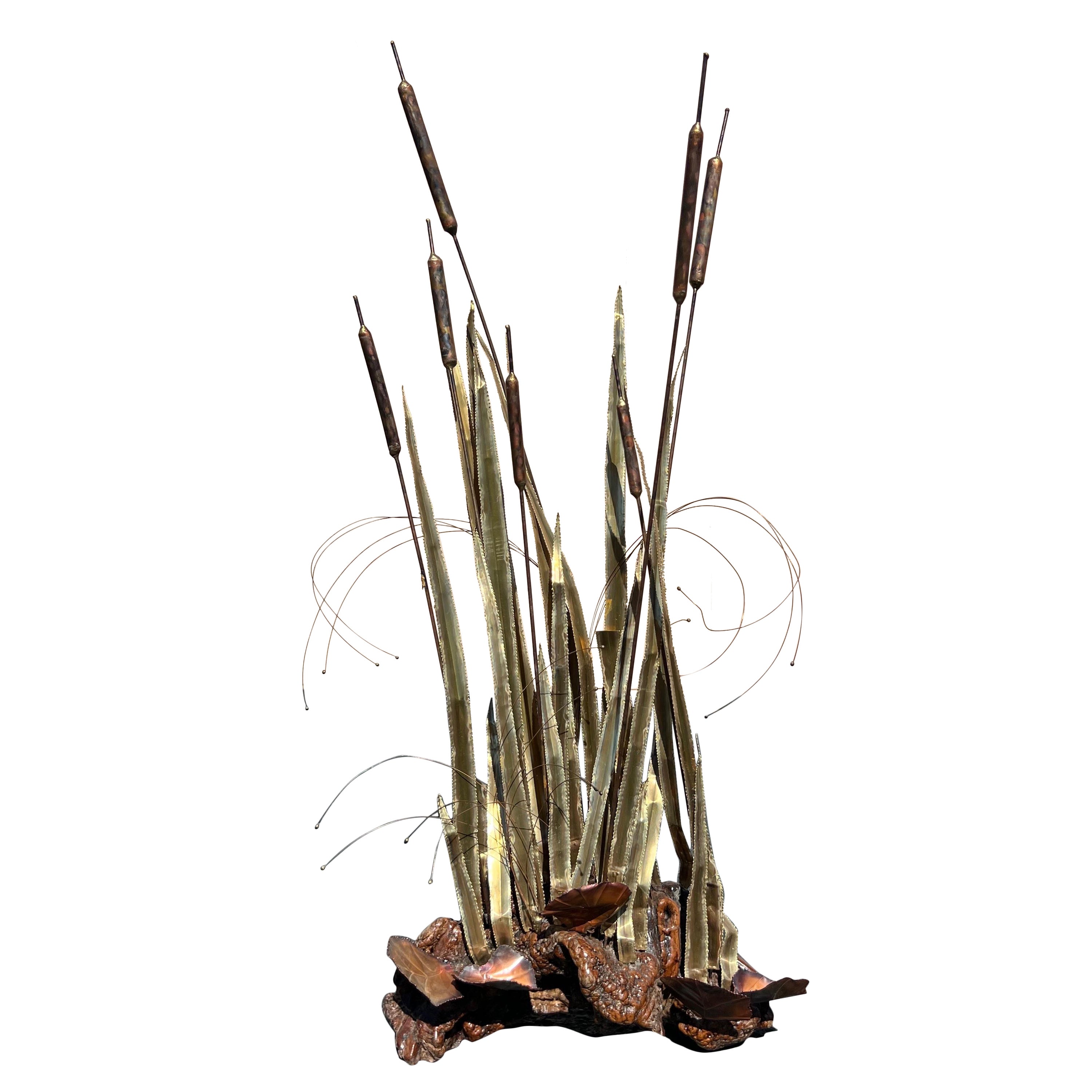 Vintage Large Scale Brutalist Cattail Sculpture on a Burled Wood Base For Sale
