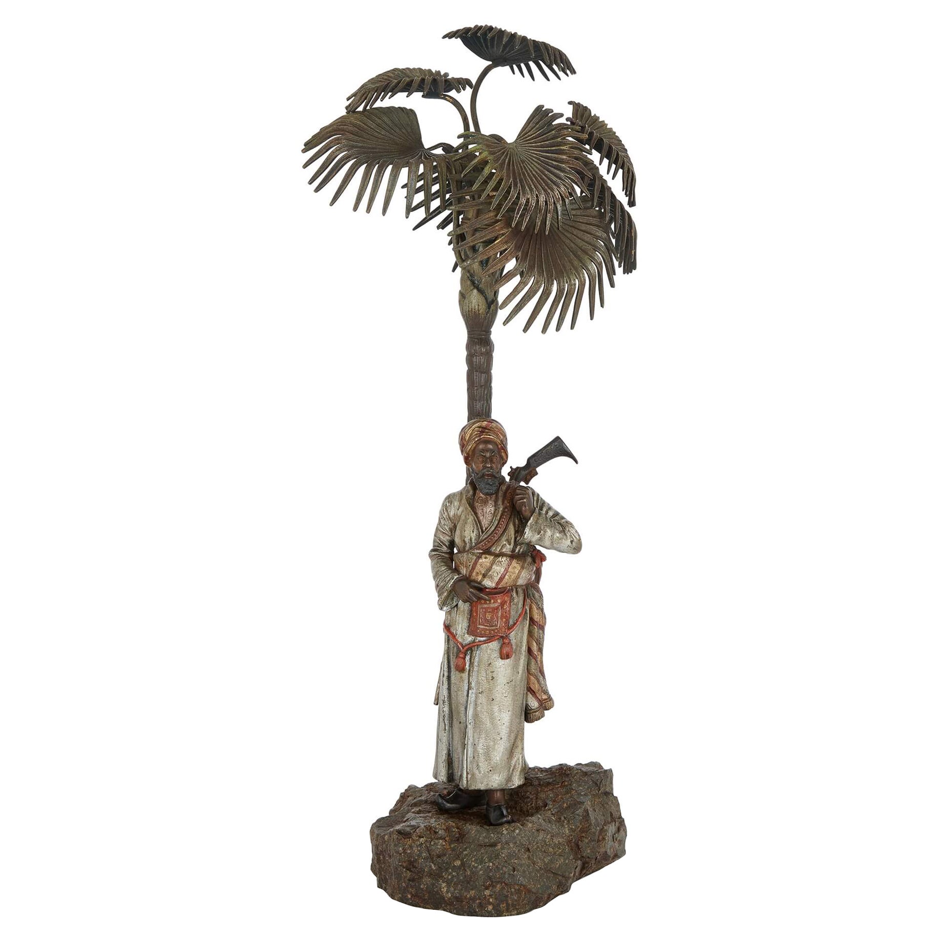 Large Antique Austrian Cold-Painted Bronze Figural Lamp