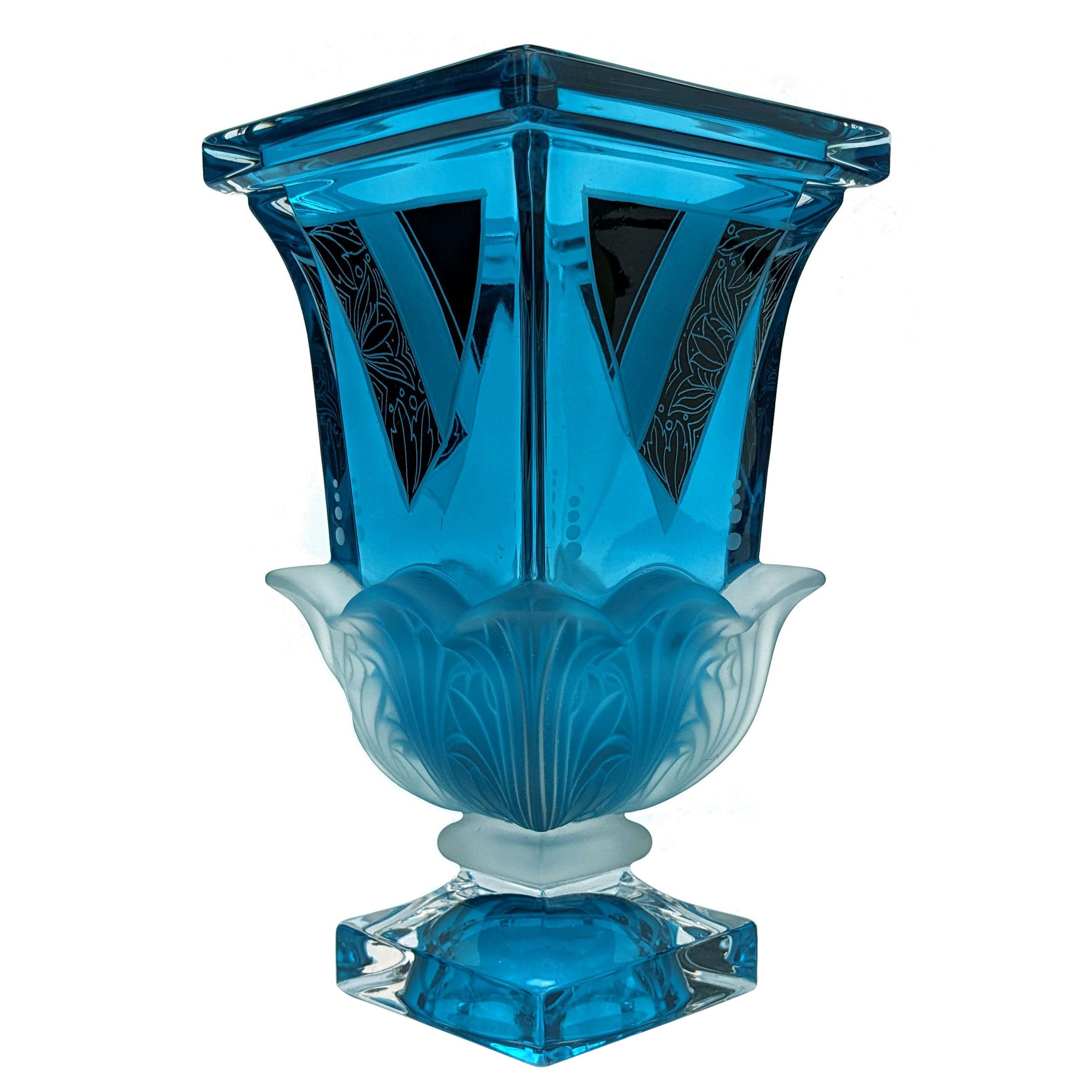 Art Deco Tall Glass & Enamel Etched Vase, Czech Republic, C1930