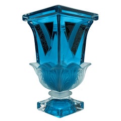 Vintage Art Deco Tall Glass & Enamel Etched Vase, Czech Republic, C1930