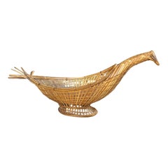 Vintage Large Woven Wicker Pheasant Bread Basket in Light Brown 