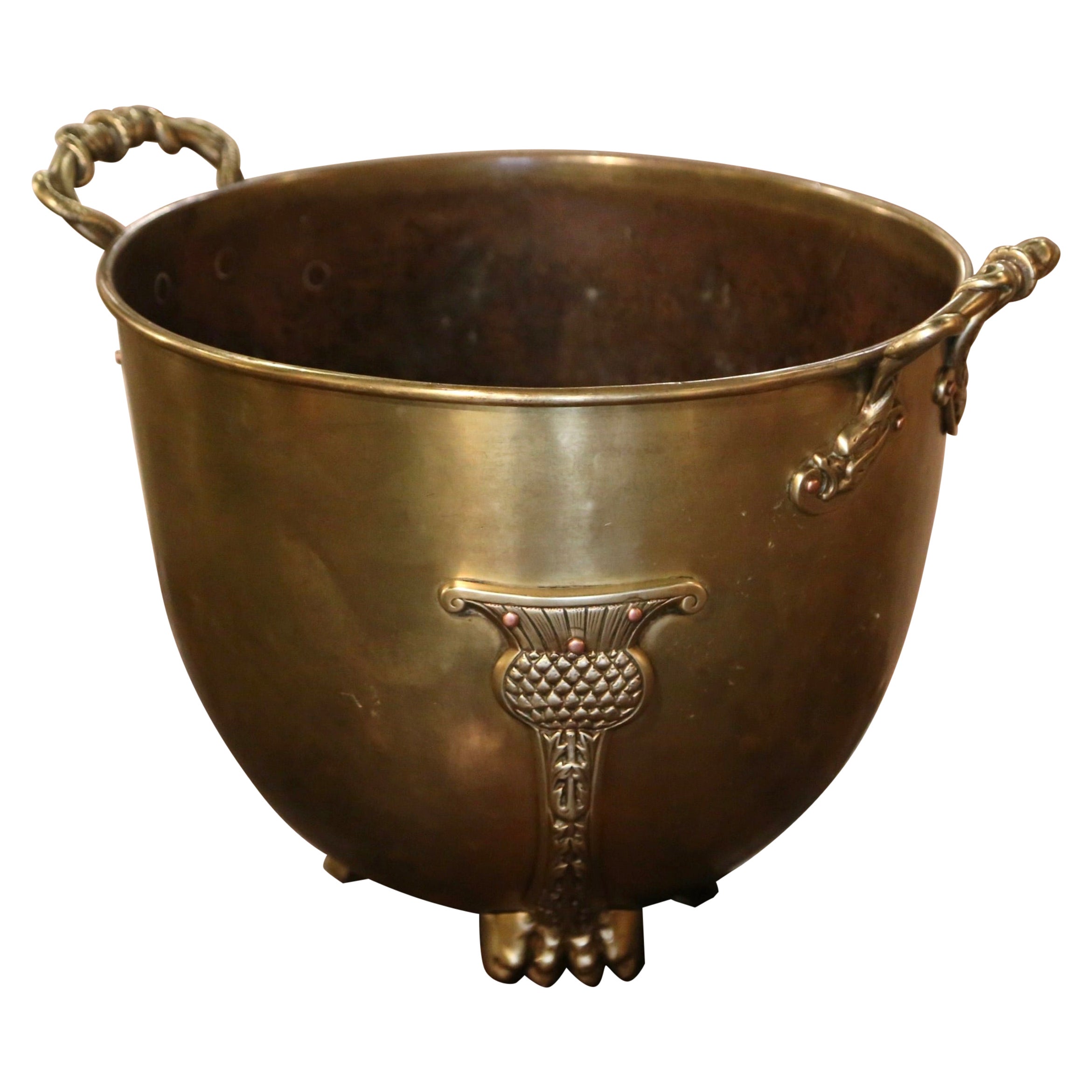 19th Century French Patinated Brass Cache Pot Planter with Handles For Sale