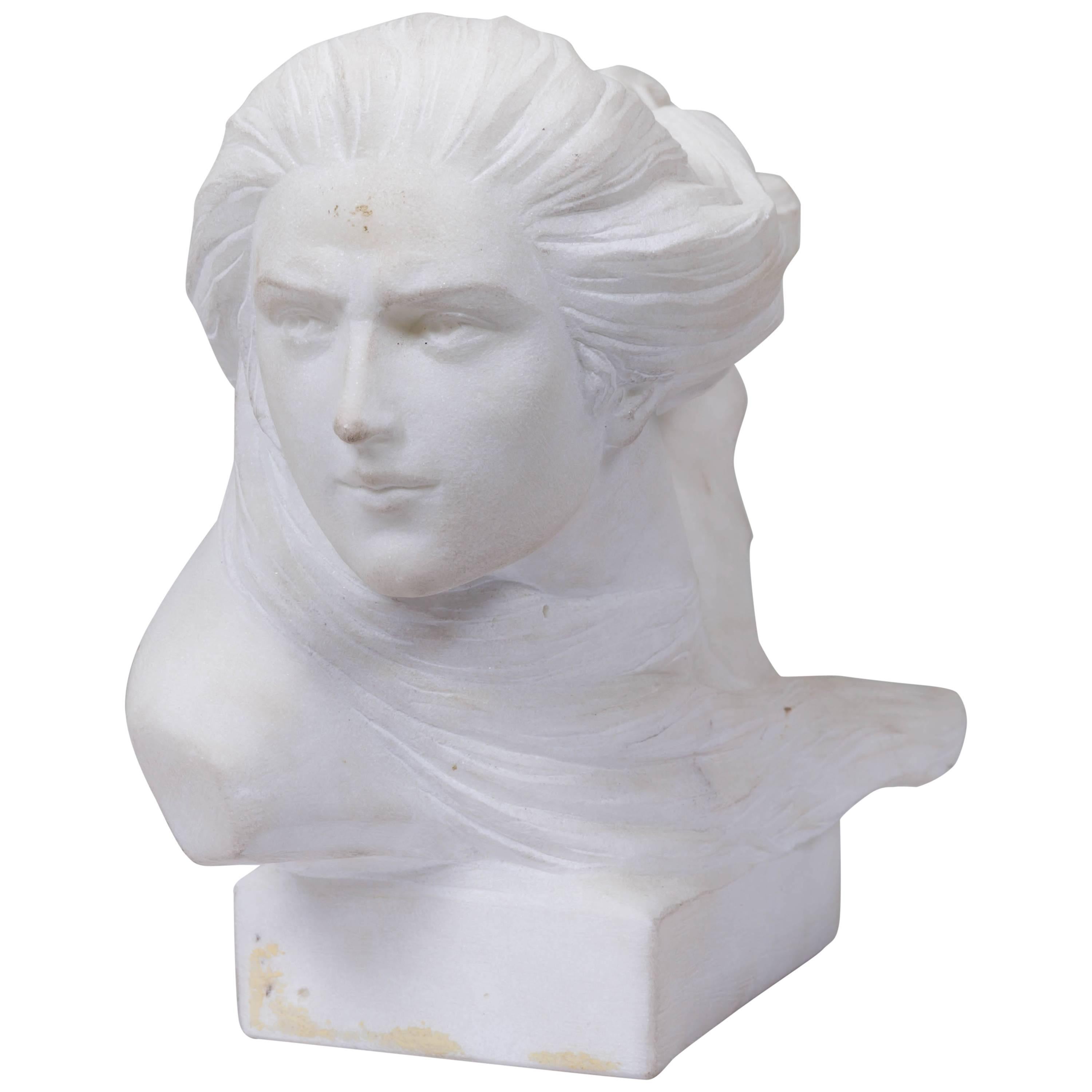 Alabaster Bust of Woman with Flowing Hair in the Style of Art Noveau