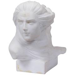 Vintage Alabaster Bust of Woman with Flowing Hair in the Style of Art Noveau