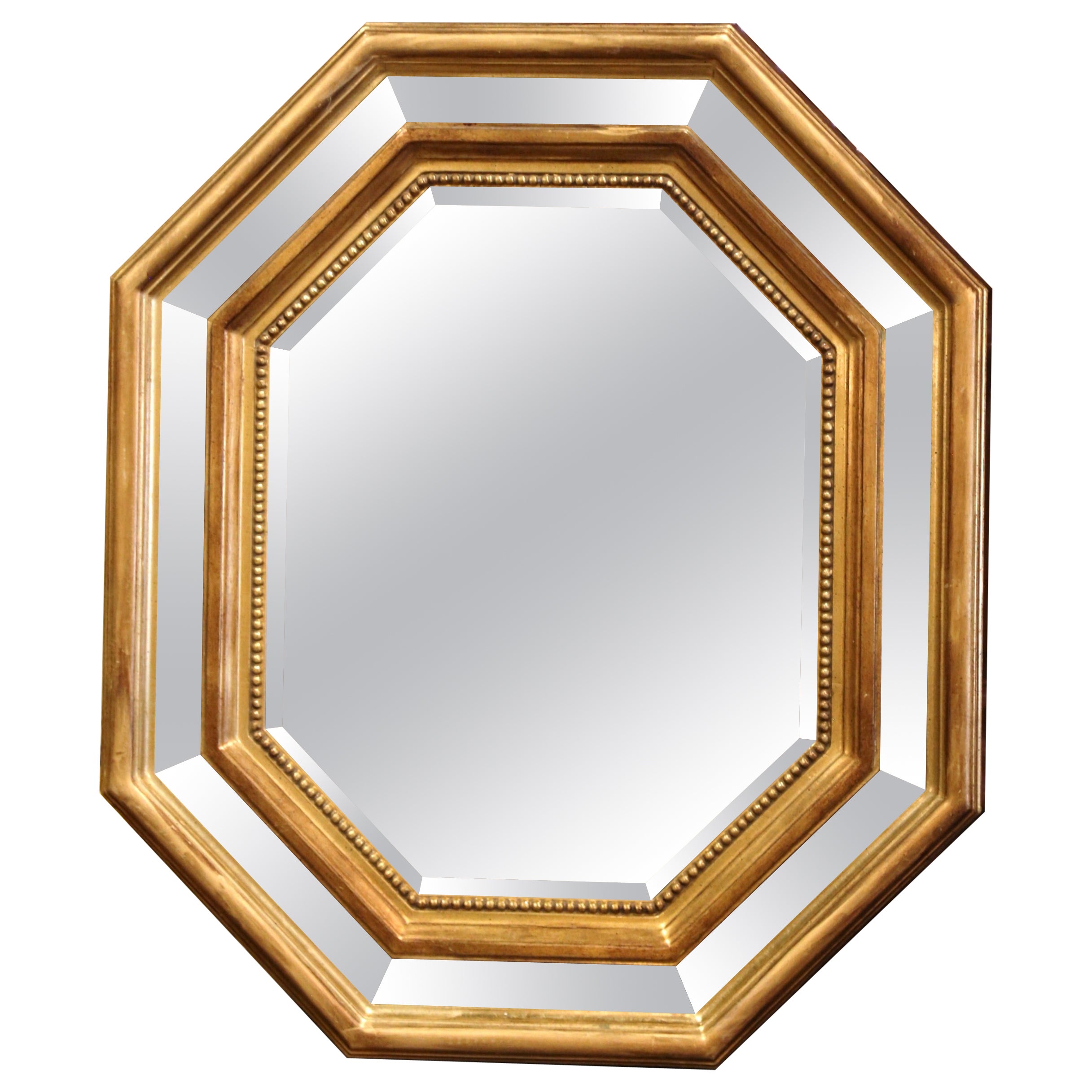 Mid-Century French Giltwood, Smoked Beveled Glass Octagonal Overlay Wall Mirror 