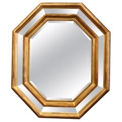 Used Mid-Century French Giltwood, Smoked Beveled Glass Octagonal Overlay Wall Mirror 