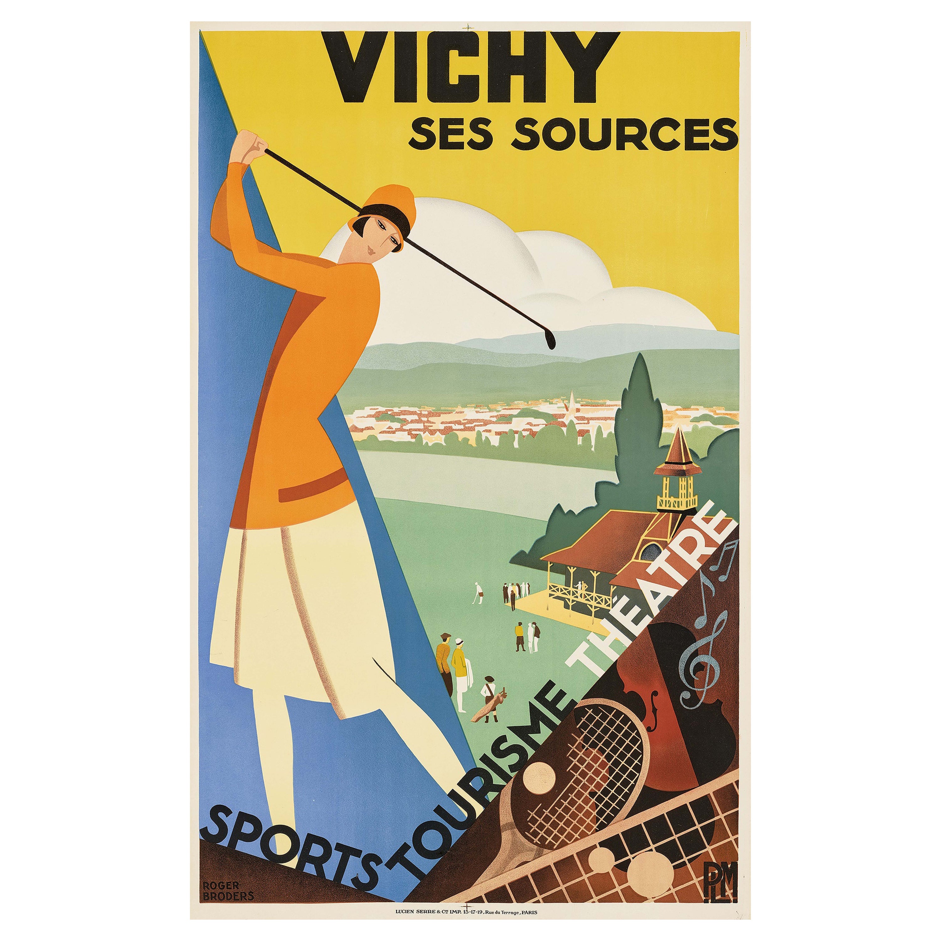 Affiche vintage d'origine de voyage Vichy Golf, PLM Paris Lyon Mediterranee Railway