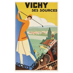 Original Antique PLM Paris Lyon Mediterranee Railway Travel Poster Vichy Golf