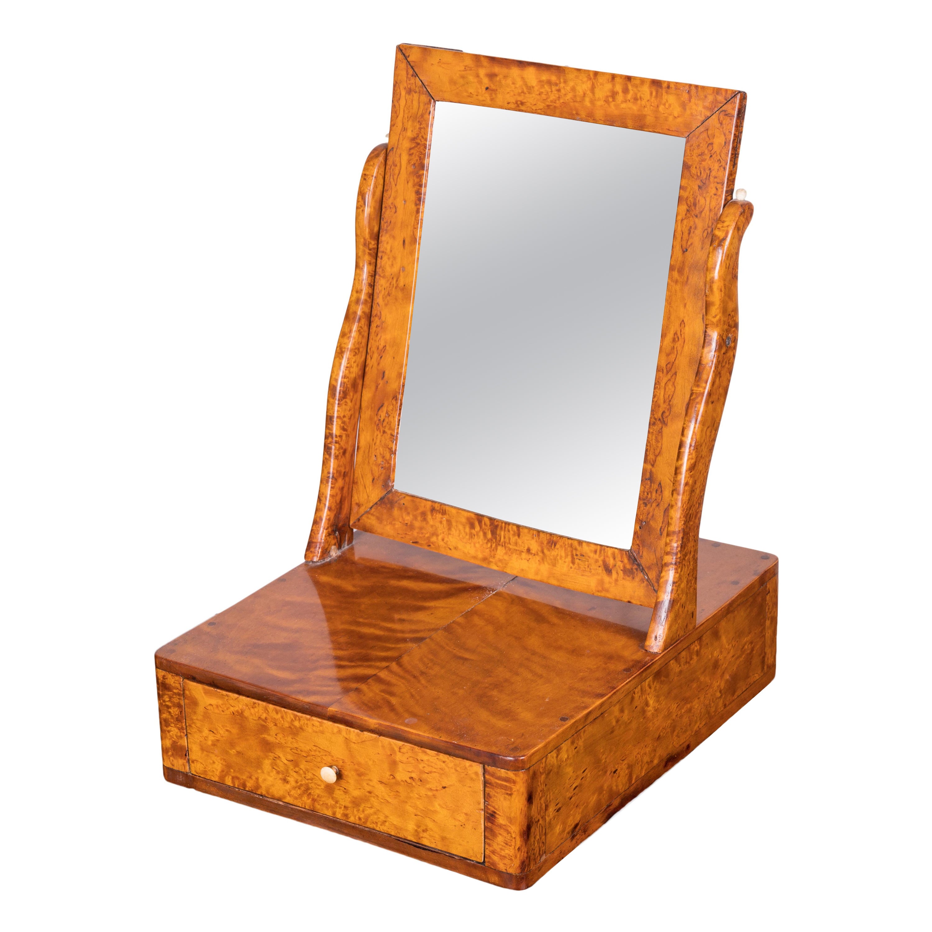 Miroir de coiffeuse suédois en loupe de Carélie, 19e siècle