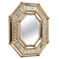 Octagonal Antique Venetian Mirror, Etched Glass Applied Rope & Floral Decorated