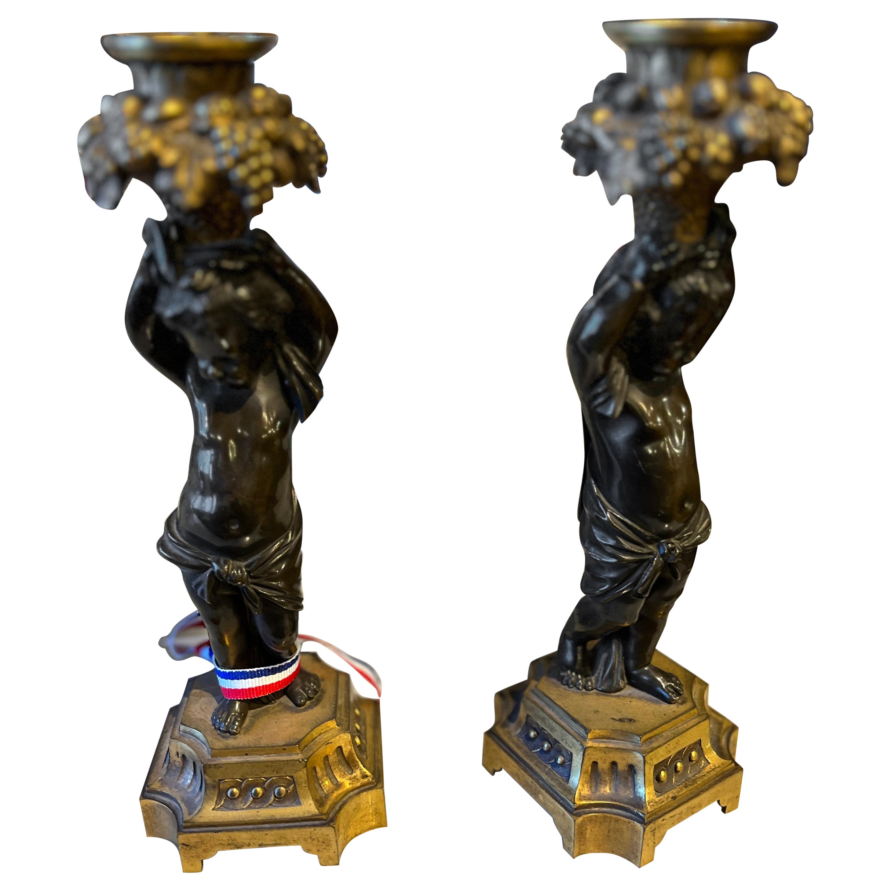 Pair French Ormolu Candle Holders "Grape Pickers" For Sale