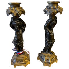 Pair French Ormolu Candle Holders "Grape Pickers"