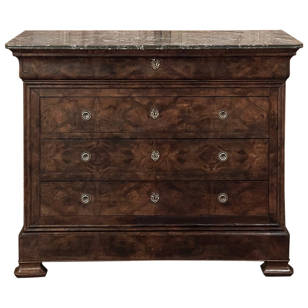 19th Century French Louis Philippe Marble Top Burl Walnut Commode ~ Chest of Dra For Sale