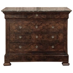 Antique 19th Century French Louis Philippe Marble Top Burl Walnut Commode ~ Chest of Dra