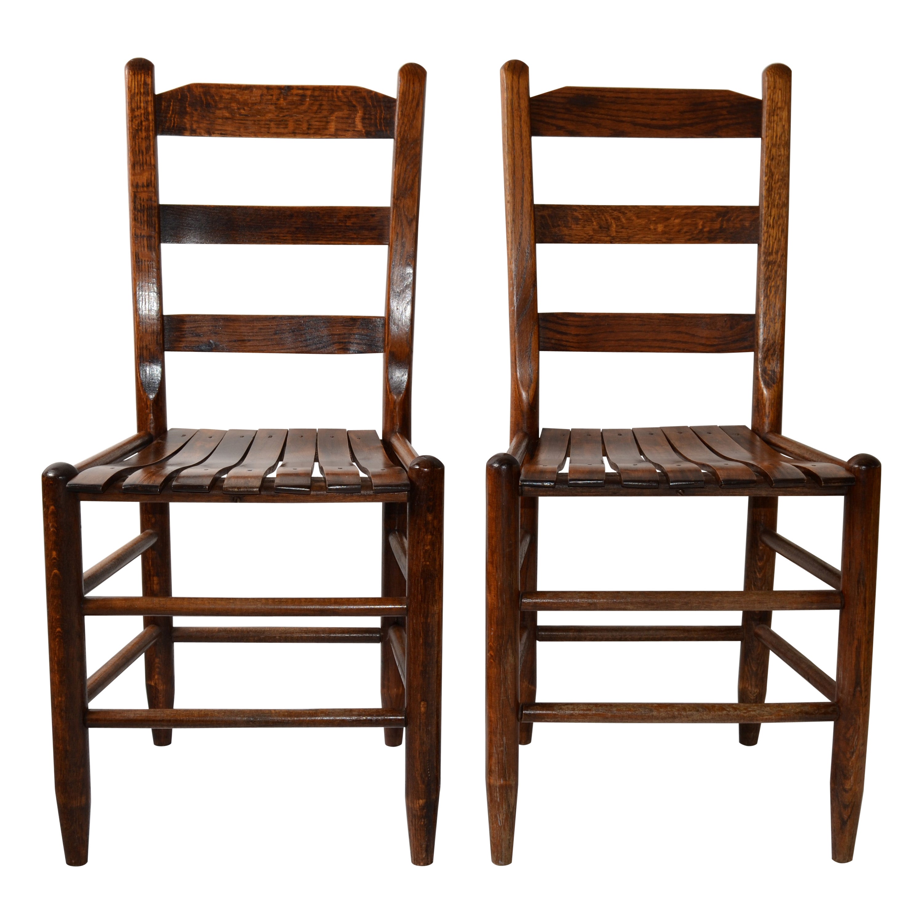 Pair Mid-20th Century Handmade Solid Oak Ladder Back Side Bistro Dining Chairs For Sale