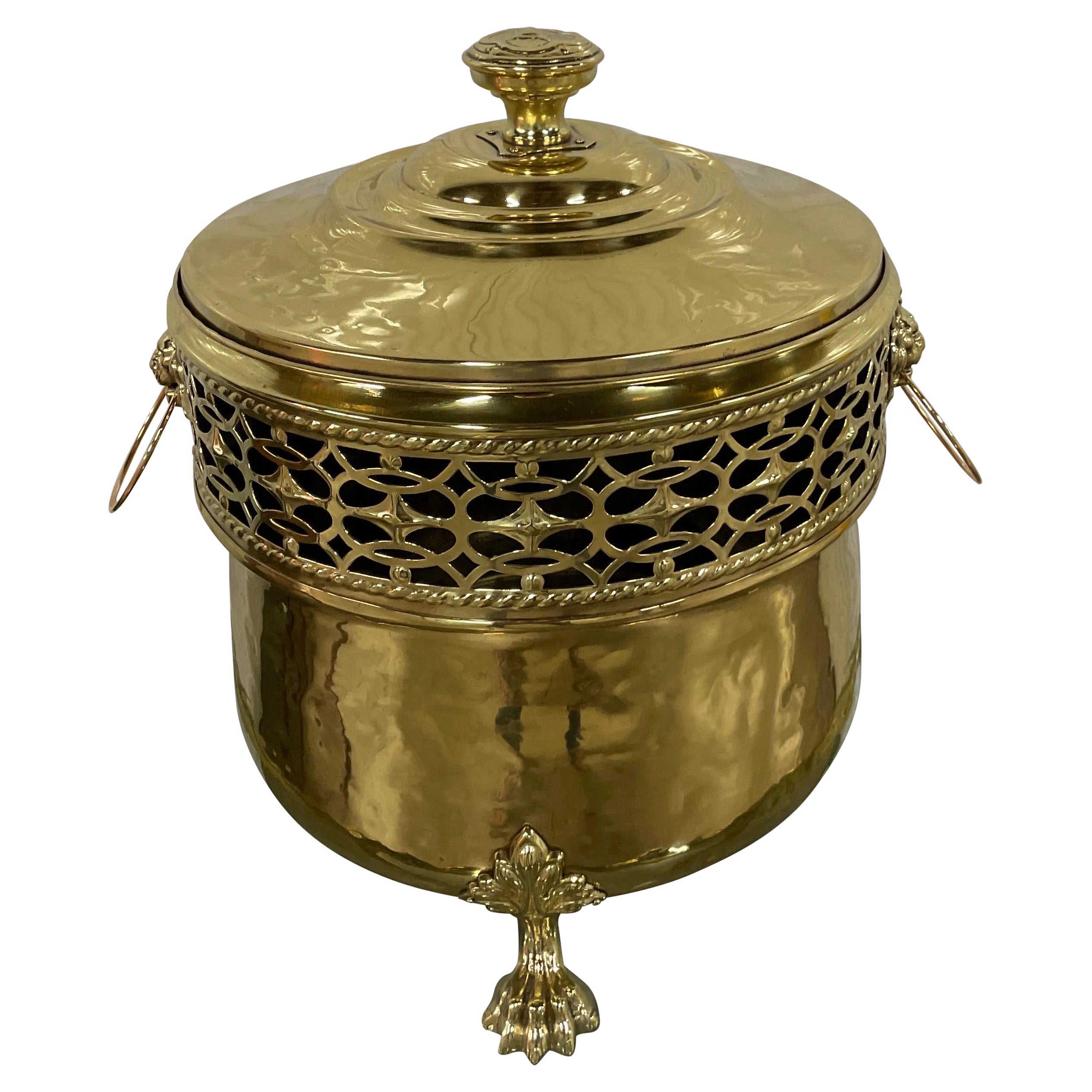 Large Footed Brass Container with Lion's Head Handles & Lid For Sale