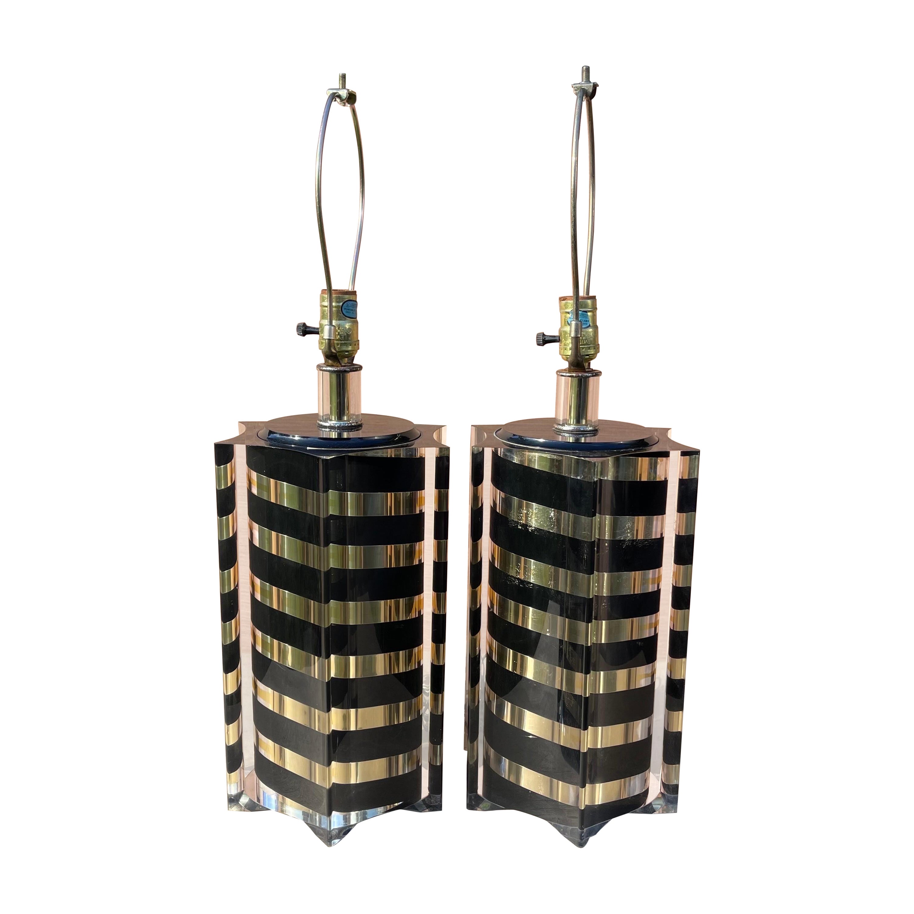 Postmodern Black & Gold Striped Lucite Lamps, Smart Italia Roma, 1980s - a Pair