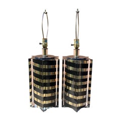 Vintage Postmodern Black & Gold Striped Lucite Lamps, Smart Italia Roma, 1980s - a Pair