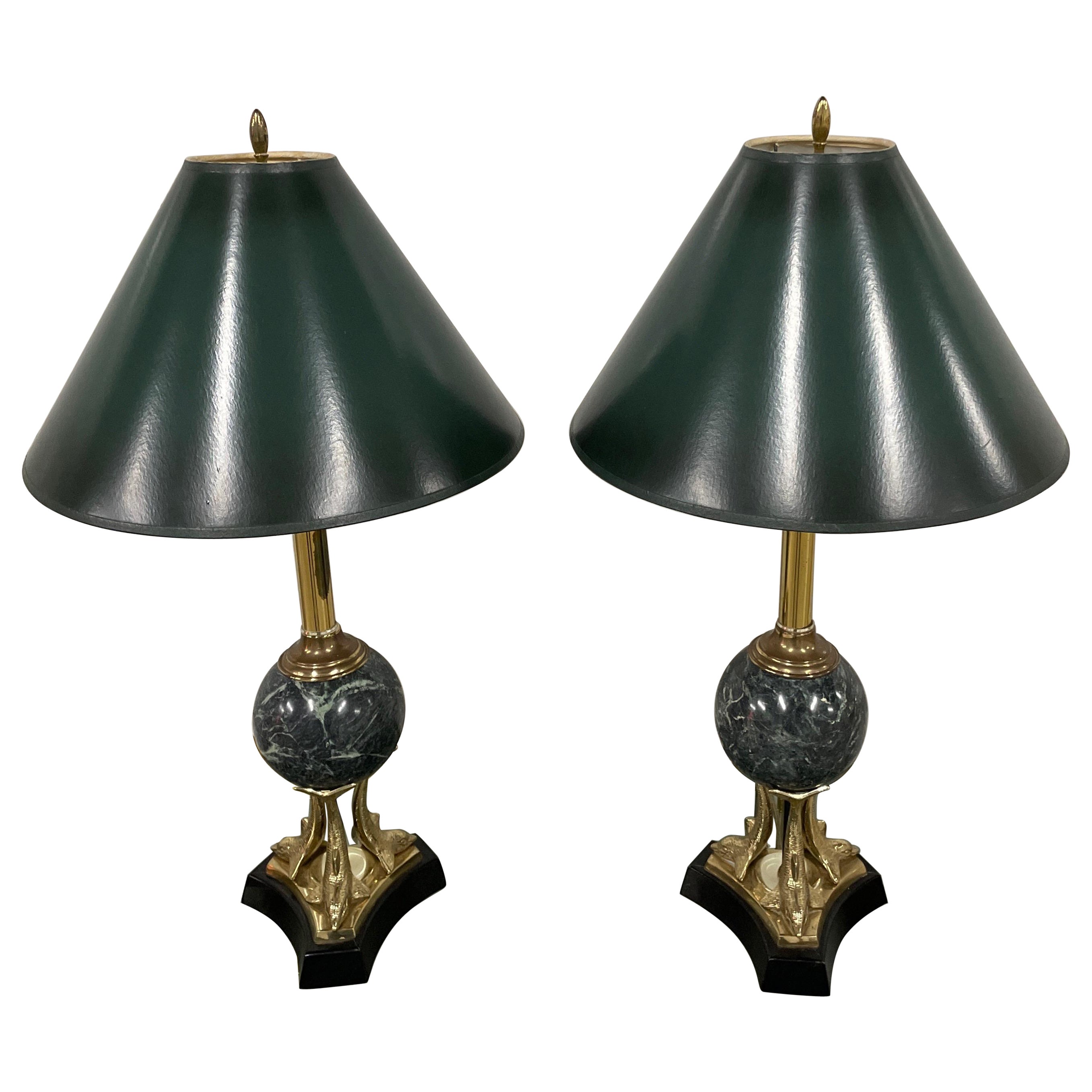 Pair of Vintage Italian Brass & Marble Dolphin Lamps For Sale