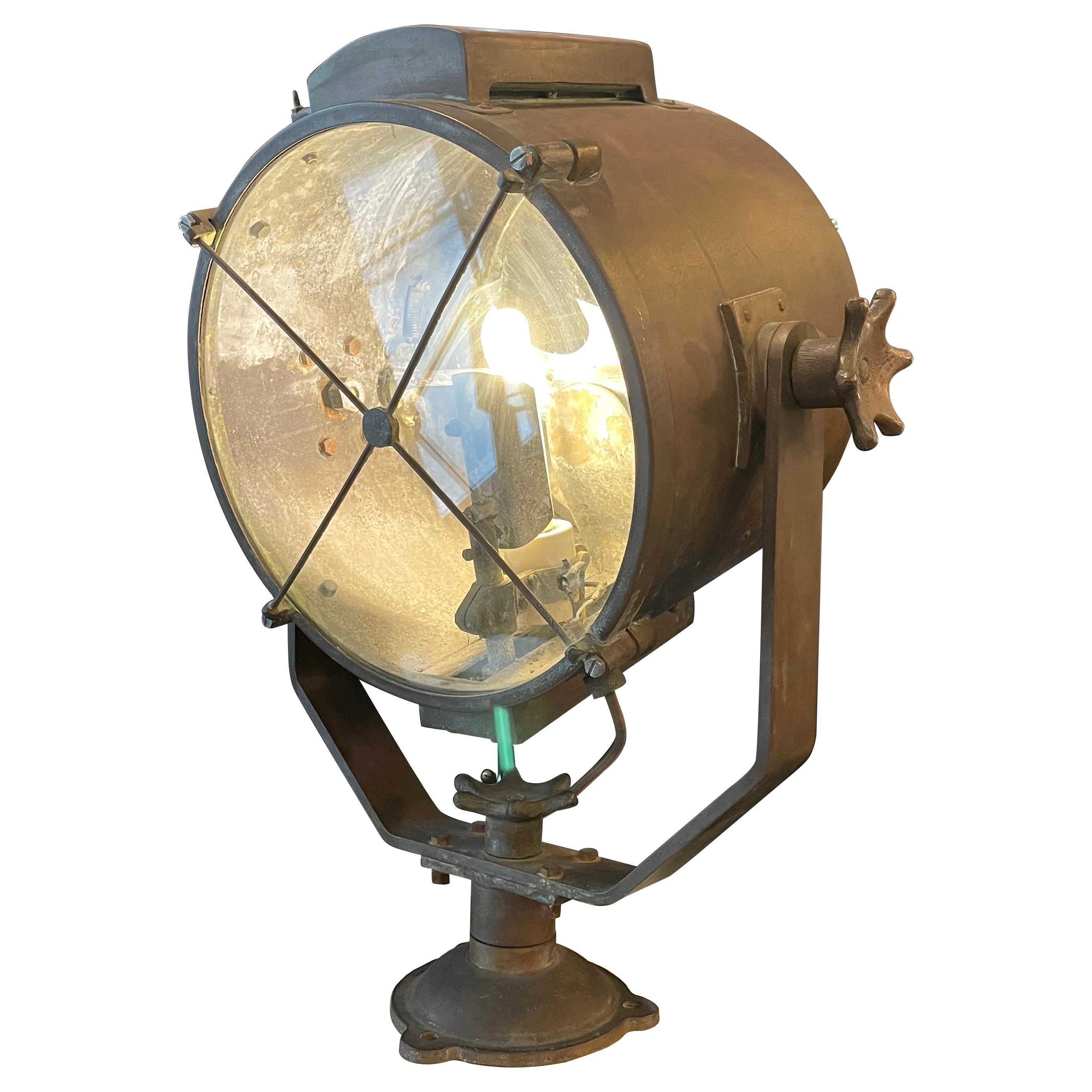 Large Industrial Patinated Copper Search Light For Sale
