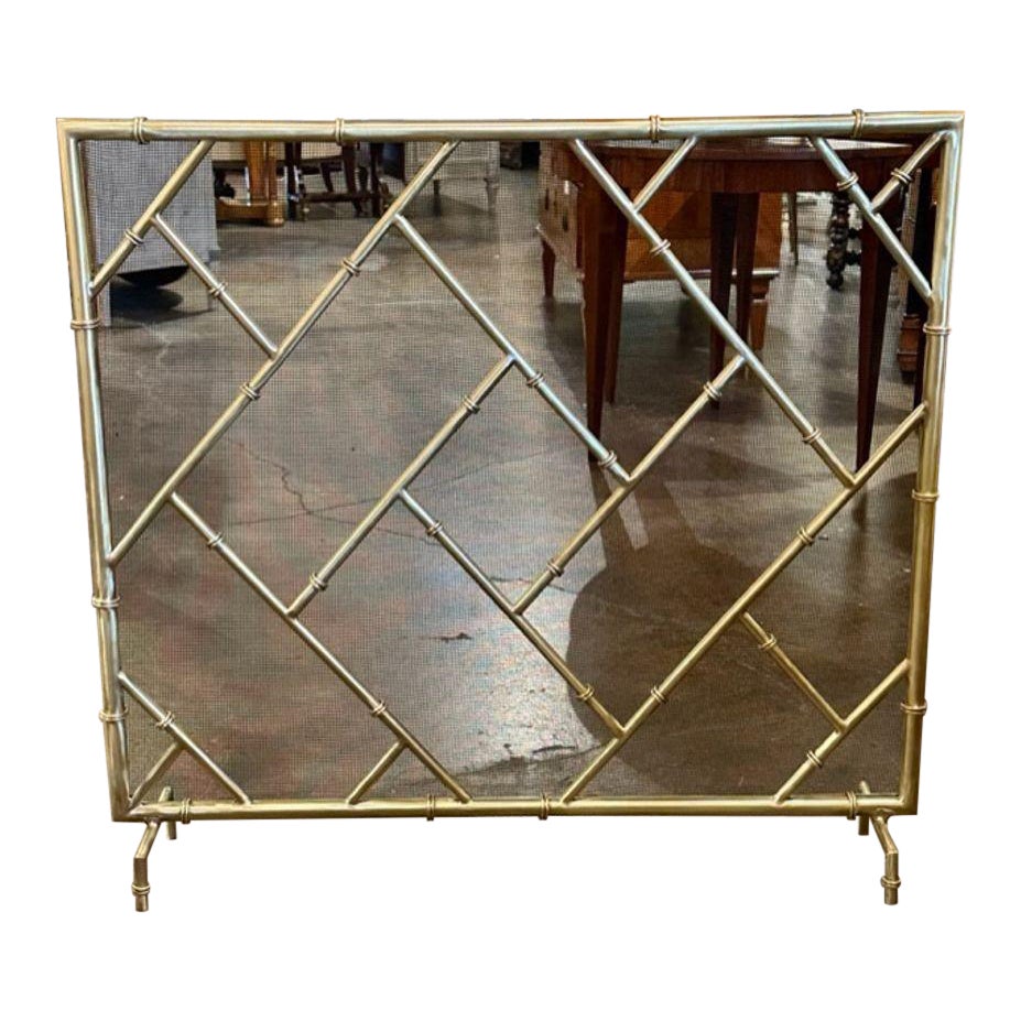 Bamboo Form Brass Fire Screen For Sale