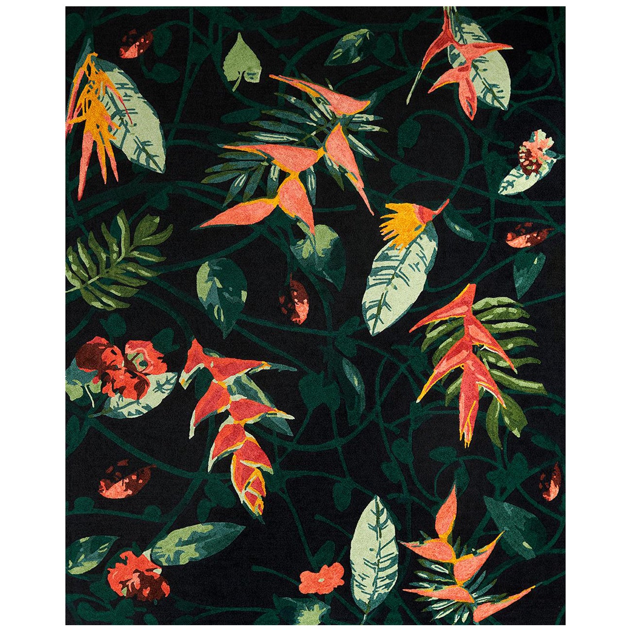 "Heliconia - Black + Green" /  8' x 10' / Hand-Knotted Wool Rug For Sale