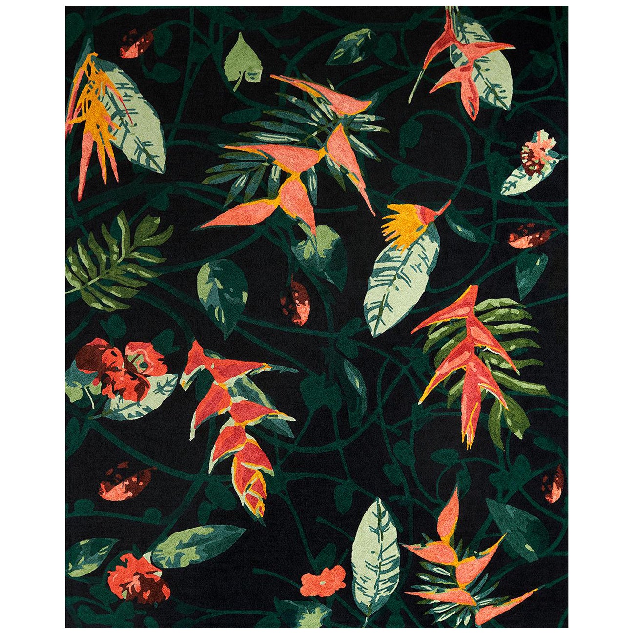 "Heliconia - Black + Green" /  9' x 12' / Hand-Knotted Wool Rug For Sale