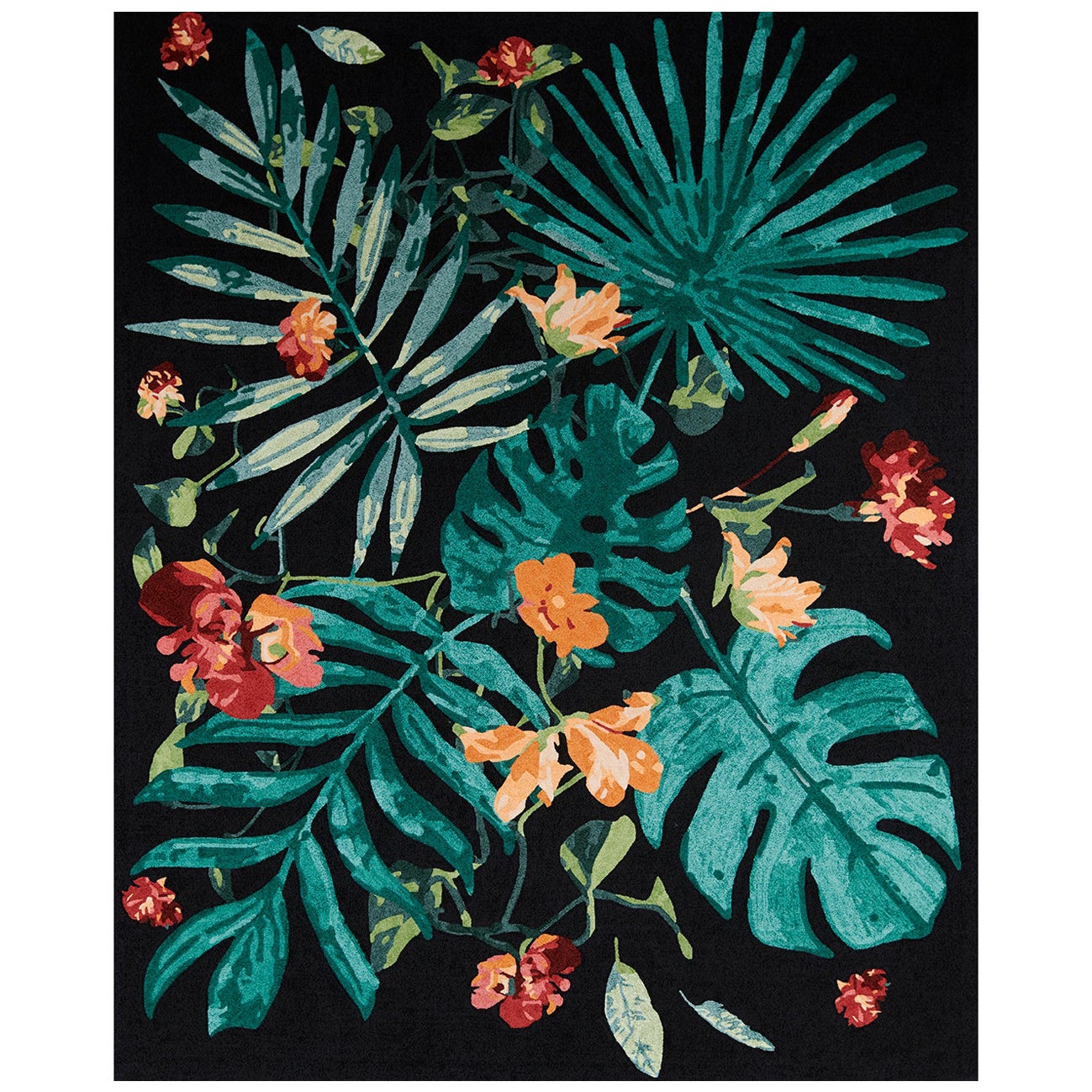 "Monstera - Black + Green" /  8' x 10' / Hand-Knotted Wool Rug For Sale