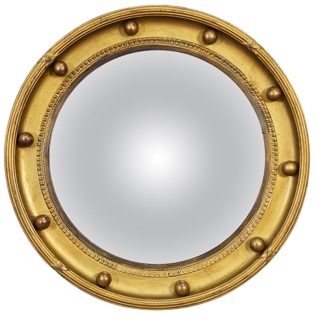 English Round Gilt Framed Convex Mirror in the Regency Style (Diameter 13 3/4) For Sale