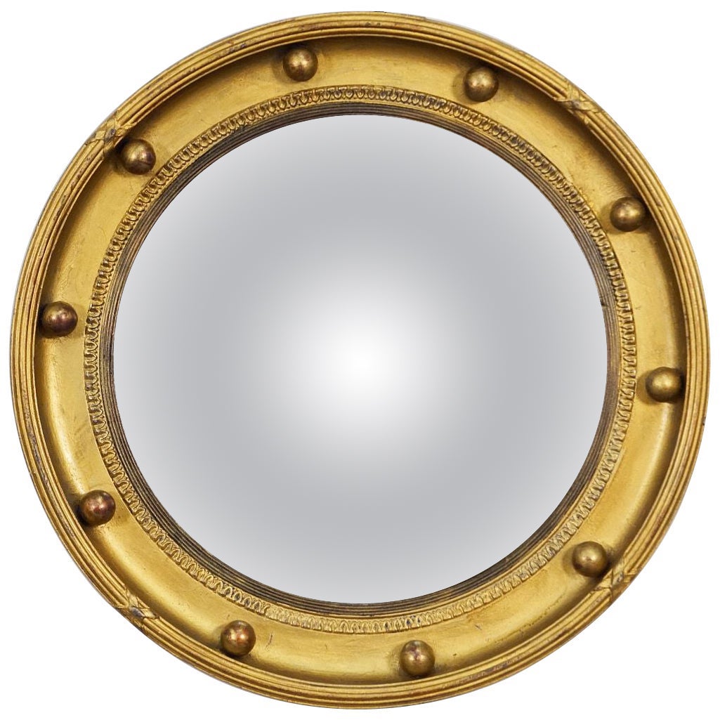 English Round Gilt Framed Convex Mirror in the Regency Style (Diameter 13 3/4)