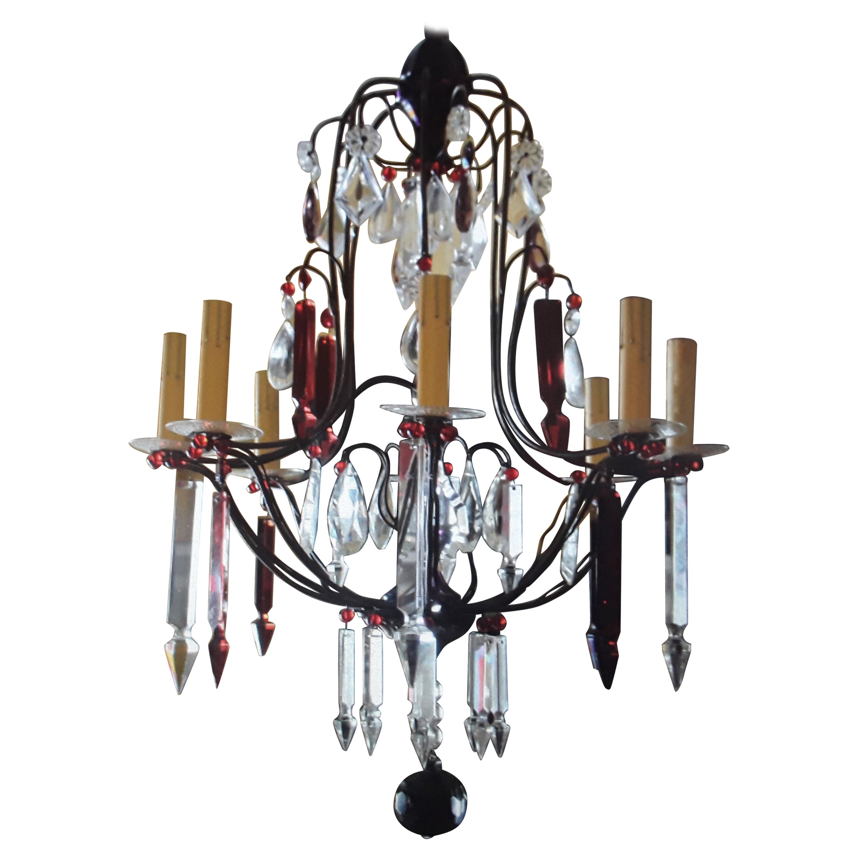 19thc French Napoleon III Bronze Cage Ruby Red & Clear Cut Crystal Chandelier For Sale