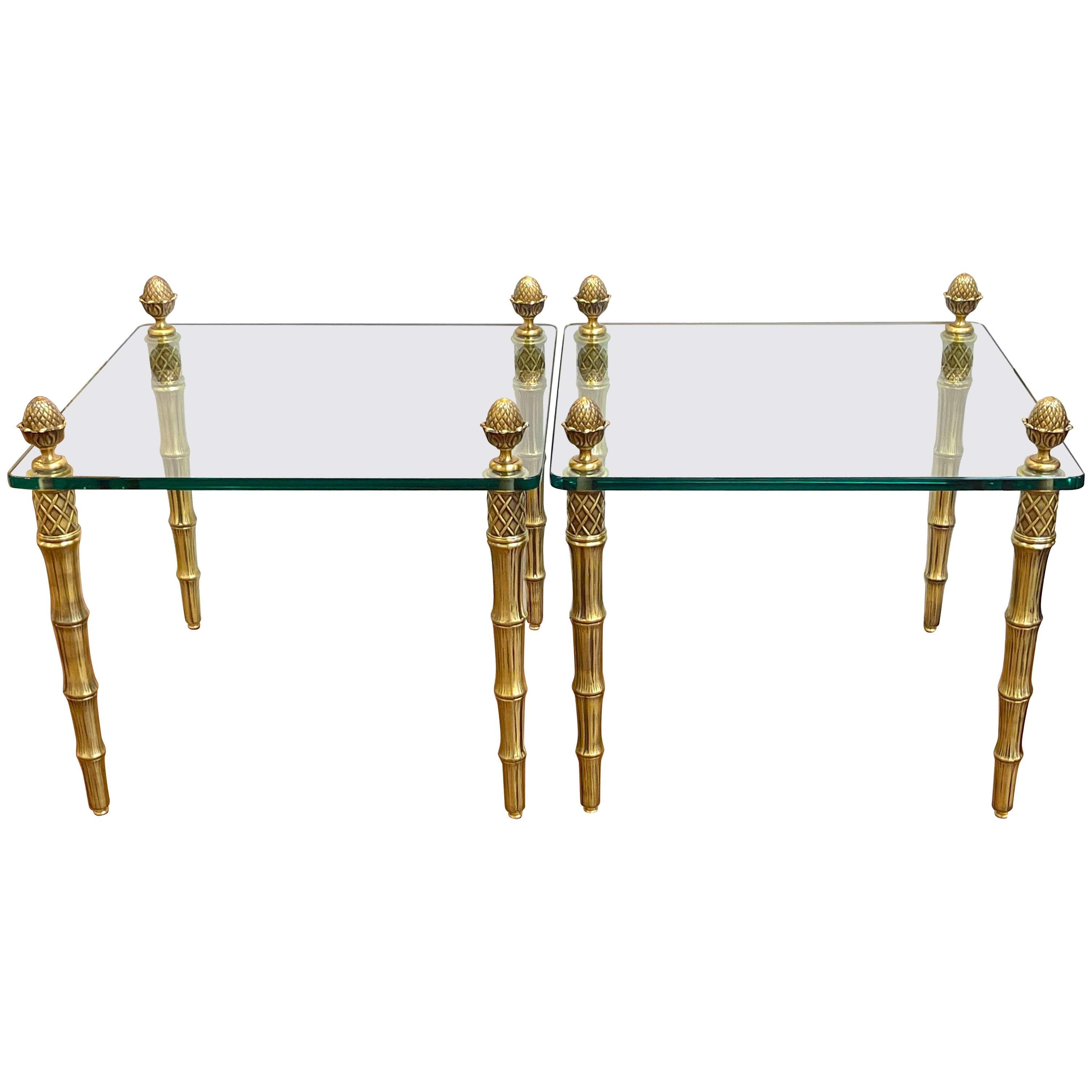 Pair of Maison Jansen Style Gilt Metal Faux Bamboo & Glass Square End Tables  For Sale